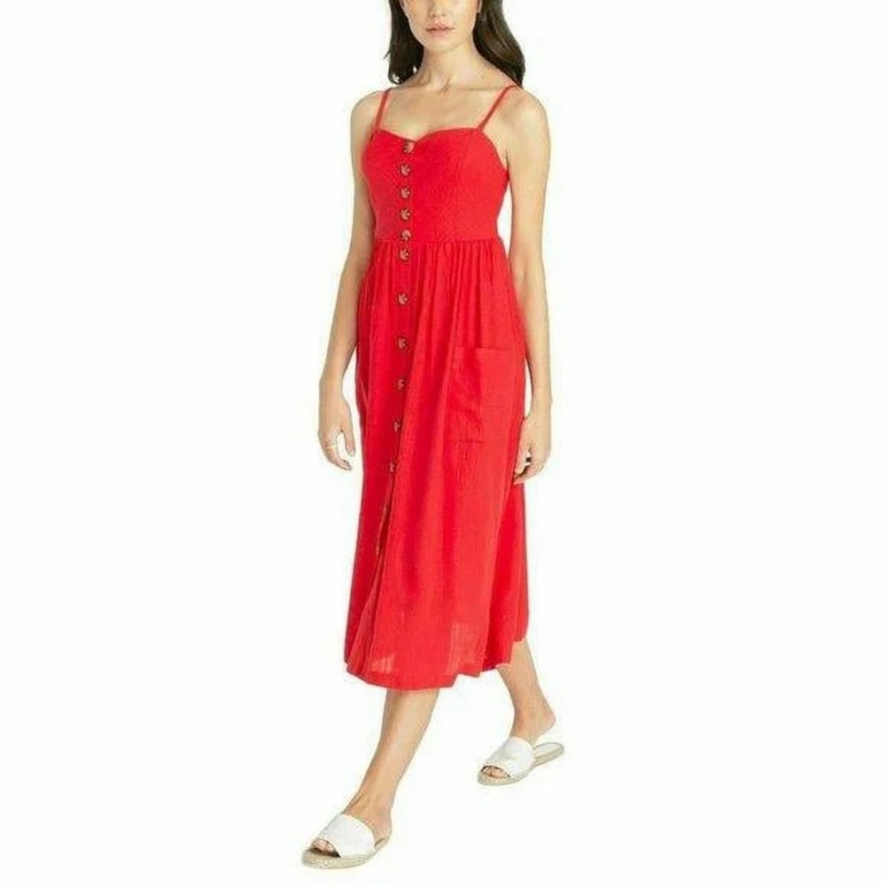 Red Linen Midi Dress